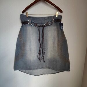 Gloria Vintage Y2K Deadstock Denim Mini Skirt Western Turquoise Belt Festival XL